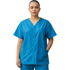 NEW Landau ScrubZone X-Large Teal Scrub Top Snap Front V-Neck Deep Pockets